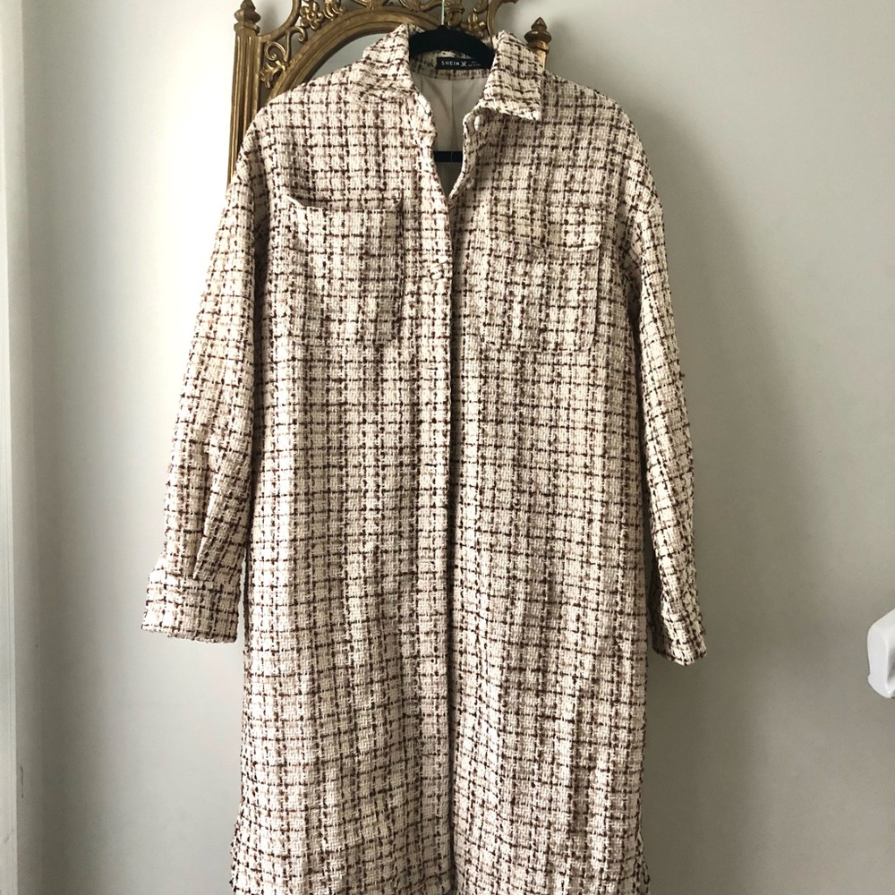 Beige Tweed Long Shirt Jacket